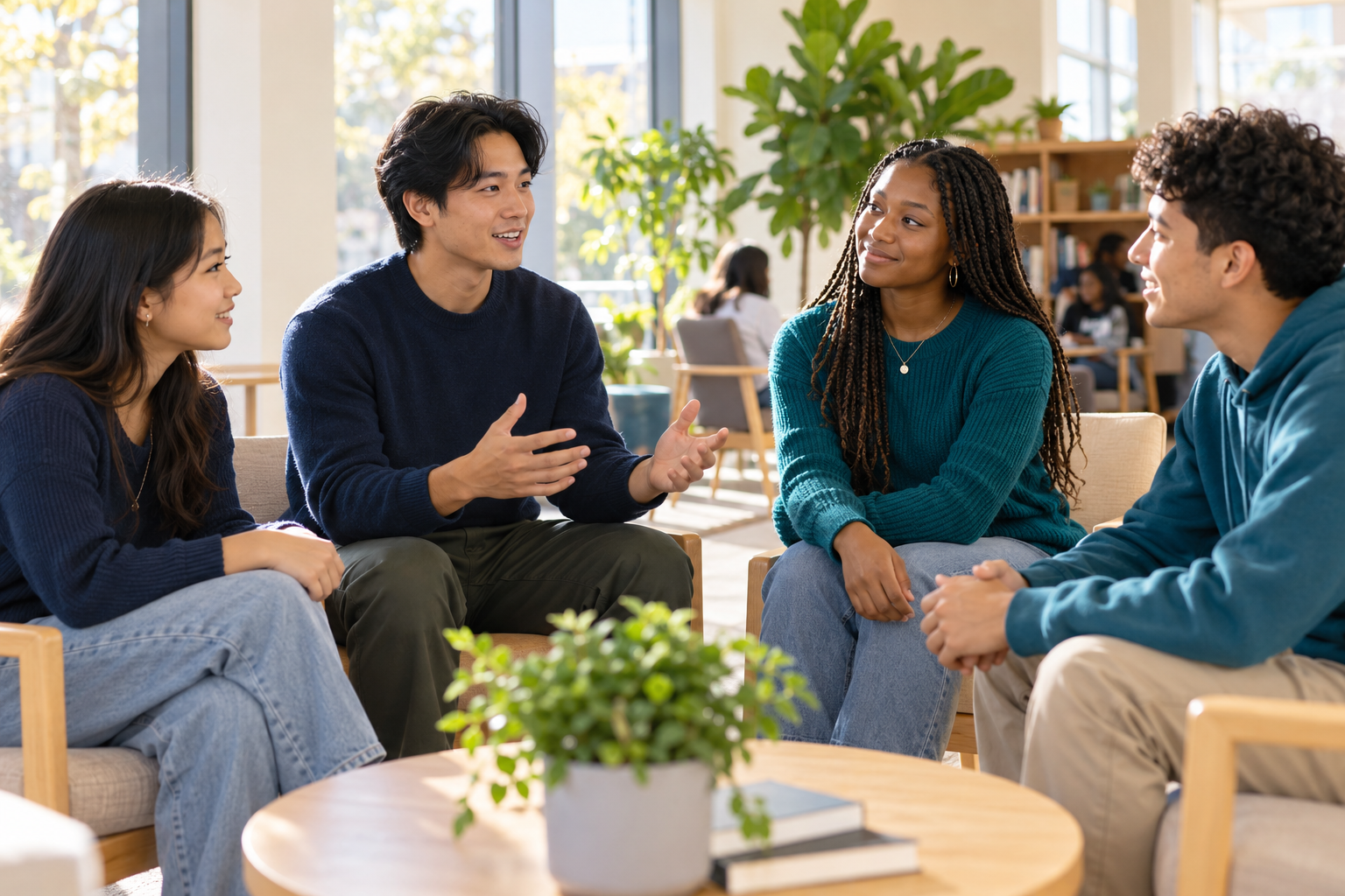 AI-generated illustration of college students and young professionals in conversation