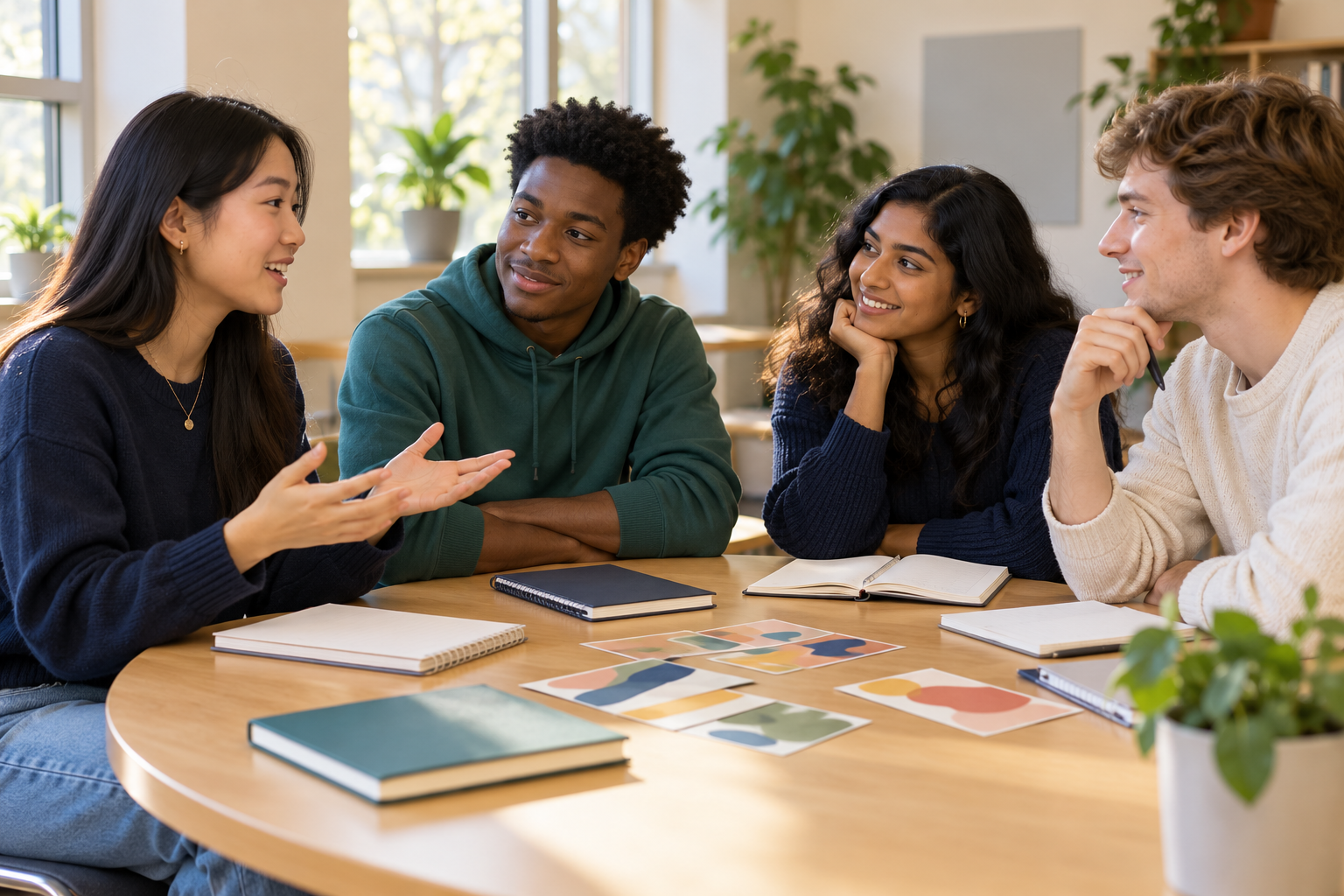 AI-generated illustration of diverse peers exchanging perspectives