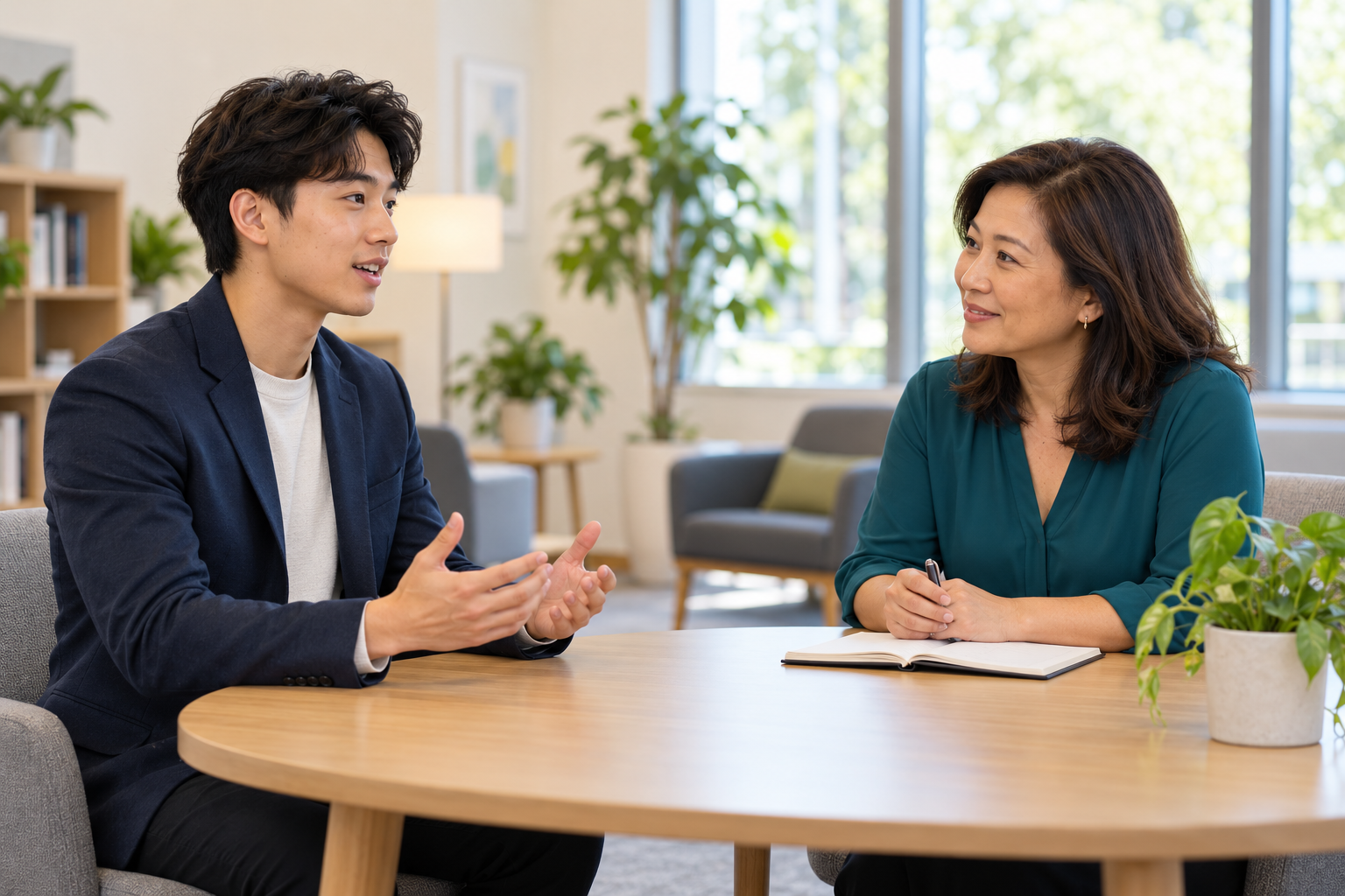 AI-generated illustration of a student practicing an interview with a mentor