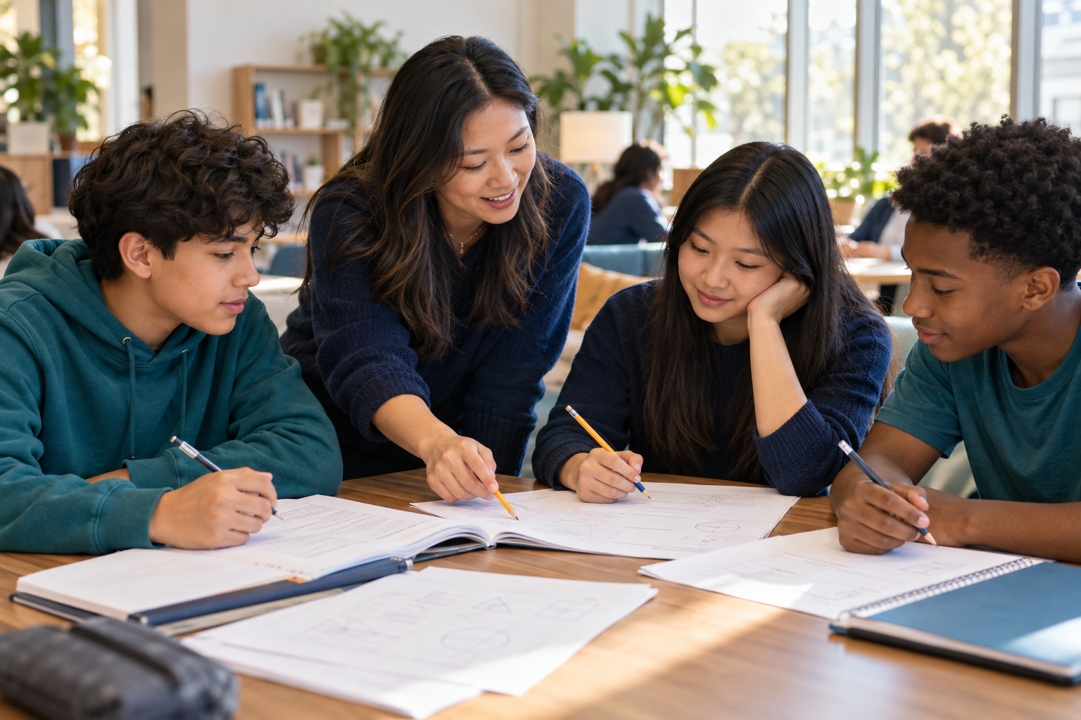 AI-generated illustration of students preparing for the SAT with a tutor