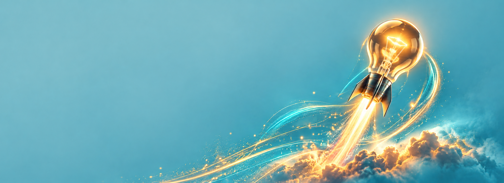 Illustration of a glowing lightbulb launching like a rocket