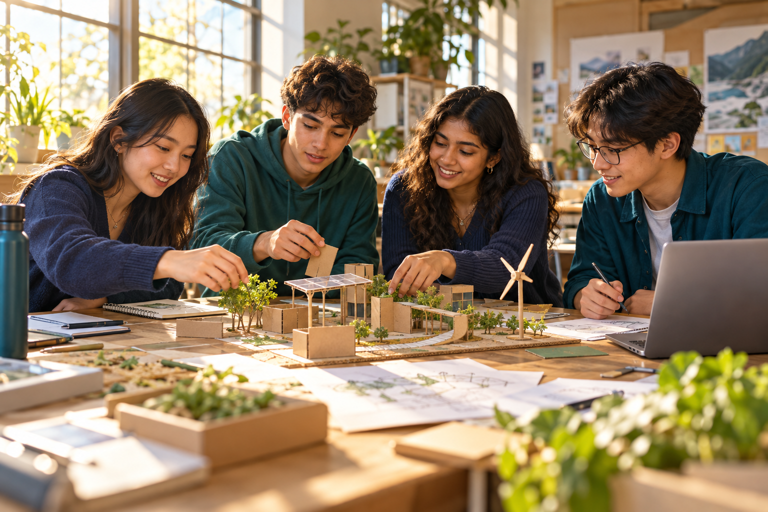 AI-generated illustration of students collaborating on a hands-on design project