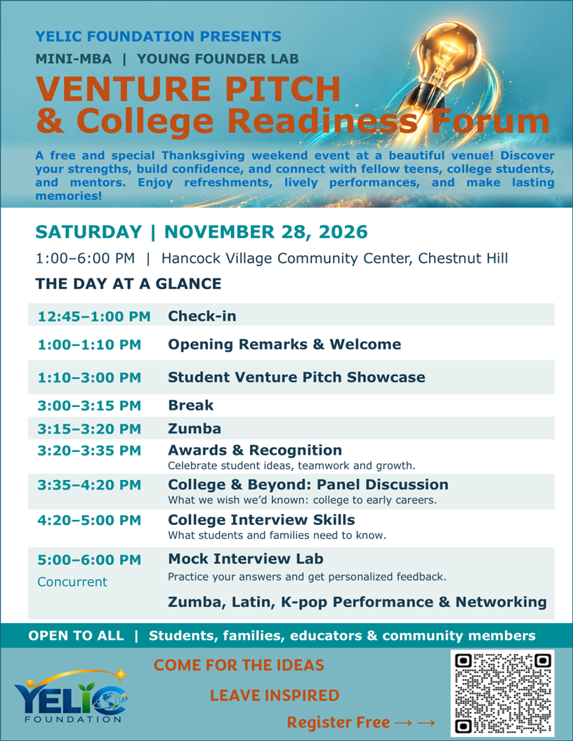 Final agenda for the YELIC Venture Pitch and College Readiness Forum, November 28, 2026. Full schedule is available in the text agenda below.